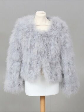 Plush Feather-Textured Cropped Puffer Jacket in Light Gray